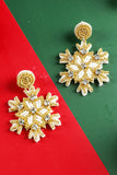 Gold Christmas Snowflake Rhinestone Rice Beaded Drop Earrings