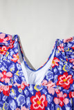 Blue Floral Print Ruffled V Neck High Waist One Piece Swimwear