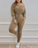 2 Piece Skew Neck Knit Lounge Set Long Sleeve Drawstring Top Casual Fall Sweatsuit