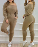 2 Piece Skew Neck Knit Lounge Set Long Sleeve Drawstring Top Casual Fall Sweatsuit