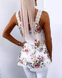 Floral Pattern Lace Patch U Neck Layered Tank Top