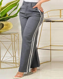 Side Striped Webbing High Waist Casual Pants Pocket Design Wide Leg Work Pants