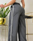 Side Striped Webbing High Waist Casual Pants Pocket Design Wide Leg Work Pants