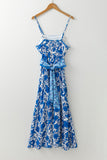 Blue Floral Printed Spaghetti Strap Maxi Dress with Waist Tie