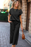 Black Solid Color Textured Short Sleeve Top and Casual Pants Set