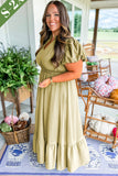 Laurel Green Notched V Neck Puff Sleeve Tiered Plus Size Maxi Dress