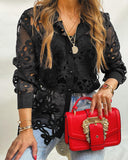 Stand Collar Button Front Floral Hollow out Blouse Casual Asymmetrical Hem Satin Patchwork Top