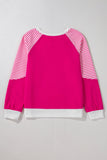 Strawberry Pink Striped Patchwork Crew Neck Raglan Sleeve Top