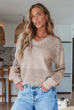 Brown Eyelet Pattern Detail V Neck Drop Shoulder Sweater