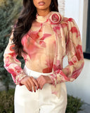 Ombre Floral Print Gigot Sleeve Blouse Casual High Neck 3D Flower Decor Elegant Top