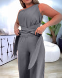 One Shoulder Sleeveless Ruched Cinched Waist Zipper Side Overalls Tied Detail Elastic Waist Wide Leg Jumpsuit