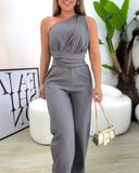 One Shoulder Sleeveless Ruched Cinched Waist Zipper Side Overalls Tied Detail Elastic Waist Wide Leg Jumpsuit