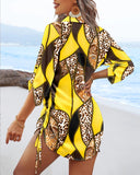 Leopard Colorblock V Neck Roll Up Sleeve Hollow out Drawstring Mini Dress Cover ups