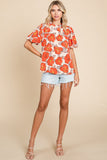 Orange Floral Bubble Sleeve Frill Neck Loose Blouse