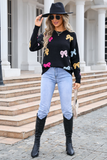 Black Valentine Bow Print Crew Neck Drop Shoulder Sweater