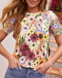 3D Flower Embroidery Sheer Mesh Short Sleeve T Shirt Casual Sim Fit Top