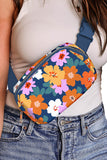 Sail Blue Flower Print Zipper Buckle Wide Strap Sling Bag