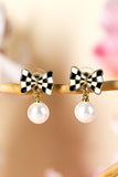 Black Checkered Bow Knot Pearl Pendant Stud Earrings