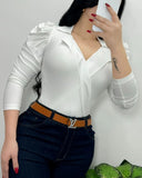 V Neck Puff Sleeve Slim Fit Bodysuit
