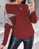 Star Pattern Batwing Sleeve Rhinestone Knit Sweater