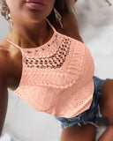 Jacquard Halter Lace Trim Sleeveless Tank Casual Slim Fit Knit Top