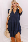 Navy Blue Collared V Neck Flutter Sleeve Tiered Plus Size Dress