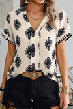 Black Geometric Print Short Sleeve V Neck Blouse