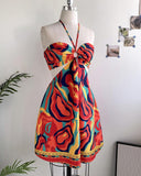 Scarf Print Halter Tied Detail Elastic Shirred Black Mini Dress Casual Hollow Out A Line Vacation Dress