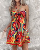 Floral Print Halter Tied Detail Elastic Shirred Back Mini Dress Casual A Line Dress