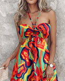 Scarf Print Halter Tied Detail Elastic Shirred Black Mini Dress Casual Hollow Out A Line Vacation Dress