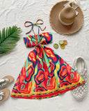 Scarf Print Halter Tied Detail Elastic Shirred Black Mini Dress Casual Hollow Out A Line Vacation Dress