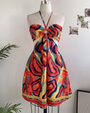 Floral Print Halter Tied Detail Elastic Shirred Back Mini Dress Casual Hollow Out A Line Vacation Dress