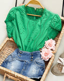 Puff Sleeve Eyelet Embroidery Top