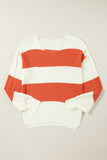 Orange Stripe Loose Color Block Drop Shoulder Bubble Sleeve Sweater