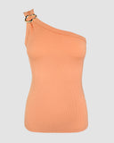 One Shoulder Goldren Decor Casual Slim Fit Ribbed Top