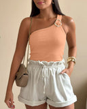 One Shoulder Goldren Decor Casual Slim Fit Ribbed Top