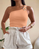 One Shoulder Goldren Decor Casual Slim Fit Ribbed Top