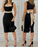Square Neck Sleeveless Hollow out Bowknot Mid Calf Slit Dress