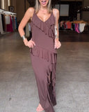 V Neck Adjustable Spaghetti Strap Multi layer Ruffles Slit Maxi Dress(Without Belt)