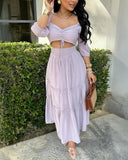 Square Neck Long Sleeve Drawstring  Shirred Jumpsuit