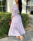Square Neck Long Sleeve Drawstring  Shirred Jumpsuit