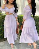 Square Neck Long Sleeve Drawstring  Shirred Jumpsuit