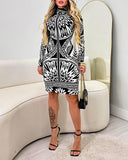 Vintage Colorblock Floral Print High Neck Long Sleeve Knit Bodycon Dress Casual Slim Fit Mini Dress