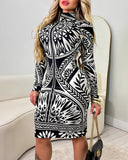 Vintage Colorblock Floral Print High Neck Long Sleeve Knit Bodycon Dress Casual Slim Fit Mini Dress