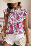 Rose Paisley Floral Smocked Frilled Neck Flutter Sleeve Blouse