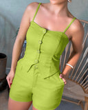 2 Pieces Outfits Bandeau Spaghetti Strap Button Front Slit Hem Top and Pocket Design Slim Fit Shorts Set