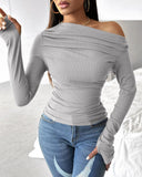 Skew Neck Ruched Long Sleeve Top