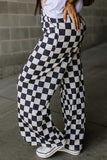 Black 2-Tone Checked Print High Waist Wide Leg Pants