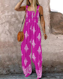 Graphic Print Square Neck Thick Strap Shirred Jumpsuit Wide Leg Overalls with Pockets