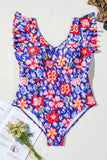 Blue Floral Print Ruffled V Neck High Waist One Piece Swimwear